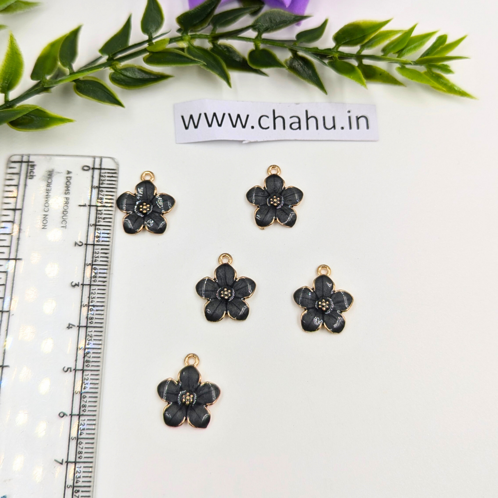 Black Flower Alloy Enamel Charms - 10 Pieces