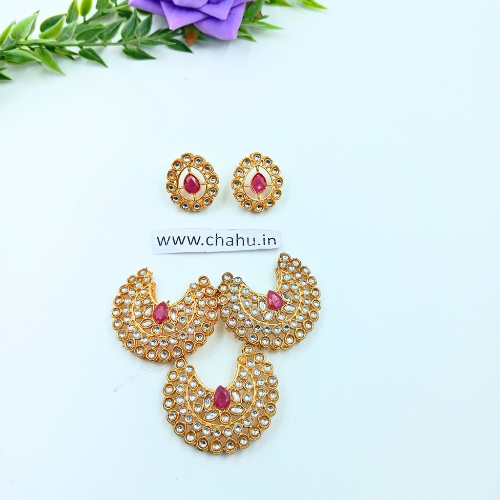 Rani Pink stone Kundan Pendent With Earrings