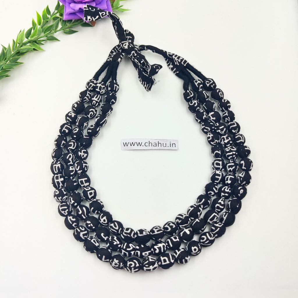 Black Printed 3 Layered Beaded Fabric Nacklace - 3 Pieces