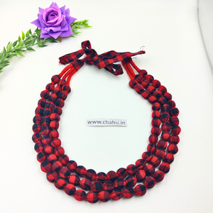 Red & Black 3 Layered Beaded Fabric Nacklace - 3 Pieces