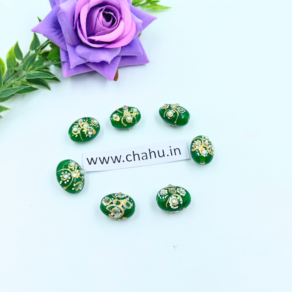 17mm Oval Shape Green Meenakari Kundan Tumble Beads - 25 Pieces