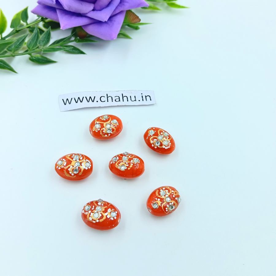 17mm Oval Shape Orange Meenakari Kundan Tumble Beads - 25 Pieces