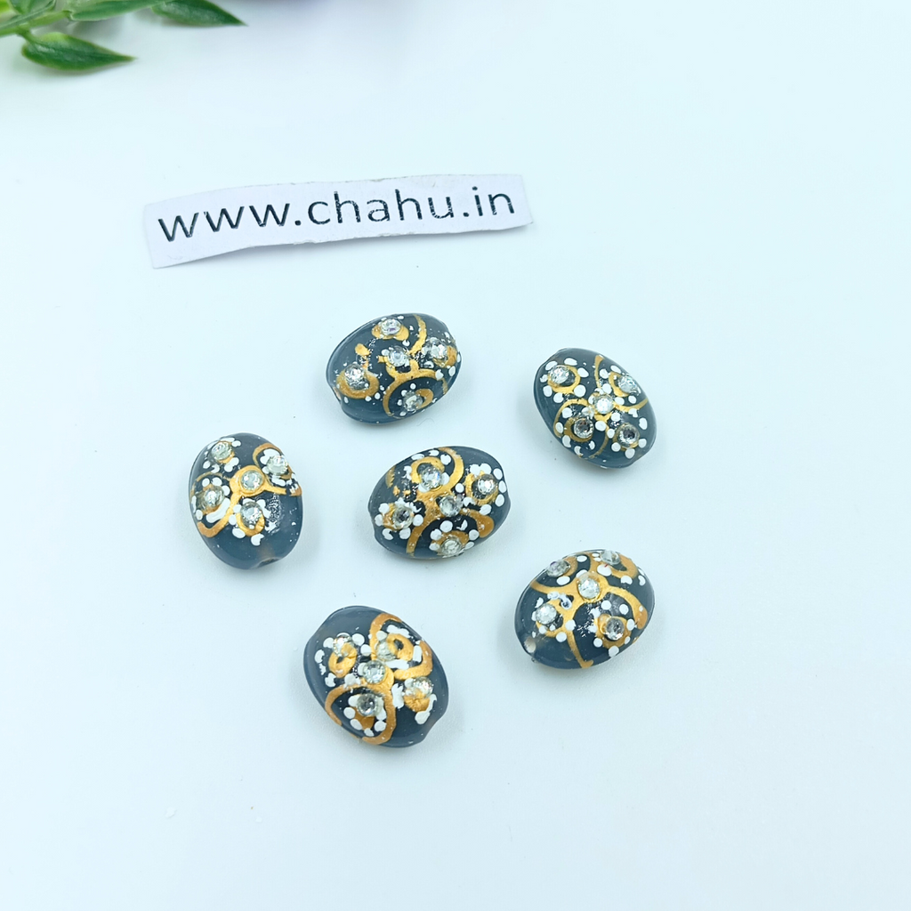 17mm Oval Shape Gray Meenakari Kundan Tumble Beads - 25 Pieces