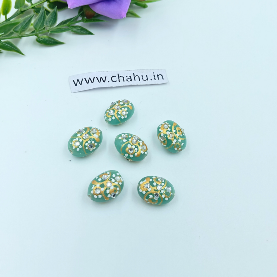 17mm Oval Pastel Green Meenakari Kundan Tumble Beads - 25 Pieces