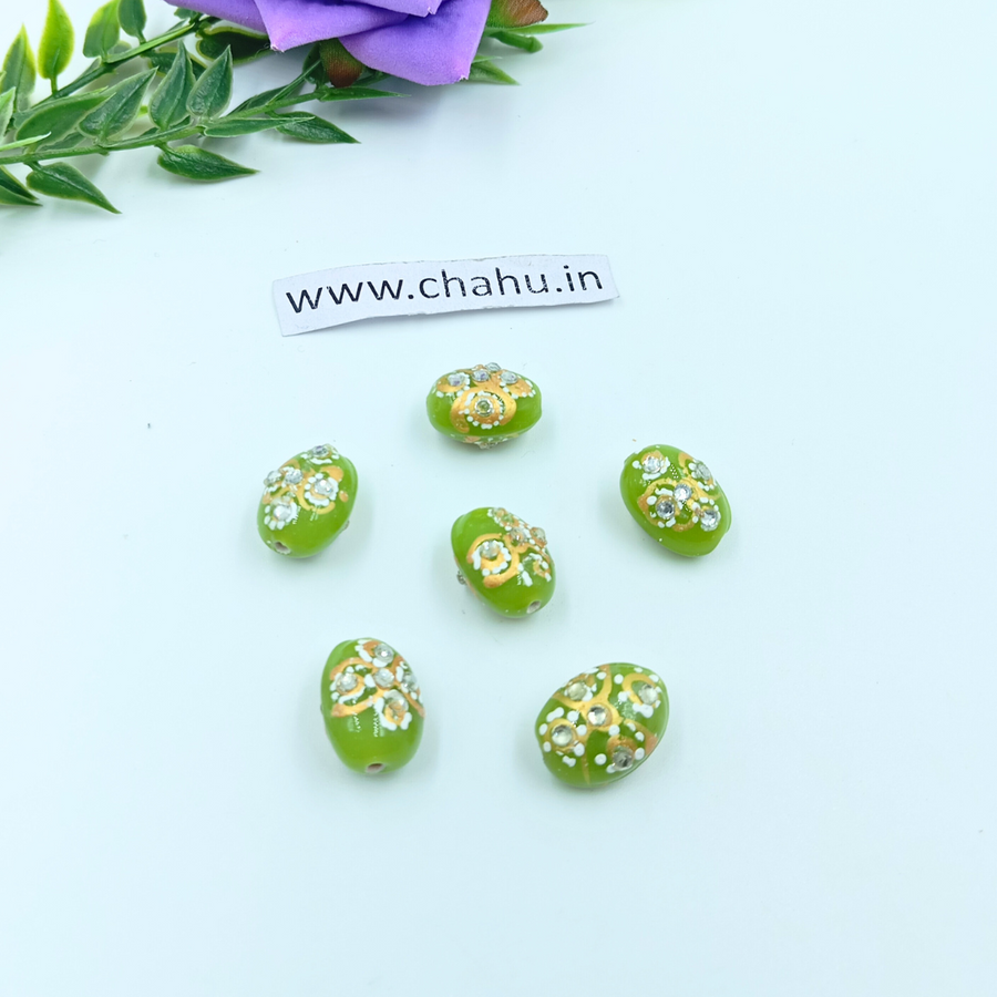 17mm Oval Parrot Green Meenakari Kundan Tumble Beads - 25 Pieces