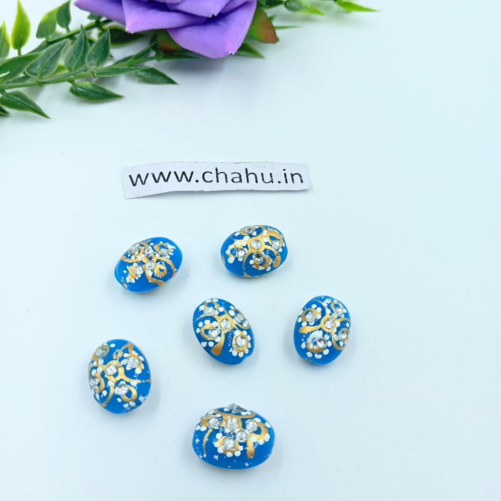 17mm Oval Shape Sky Blue Meenakari Kundan Tumble Beads - 25 Pieces