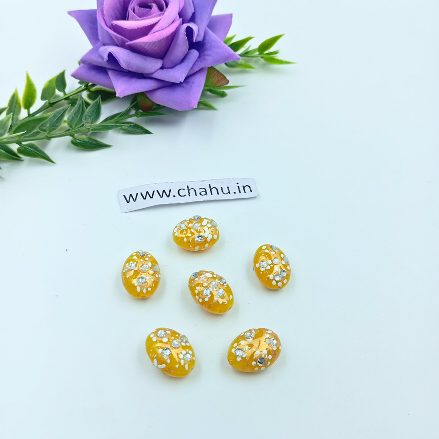 17mm Oval Shape Yellow Meenakari Kundan Tumble Beads - 25 Pieces