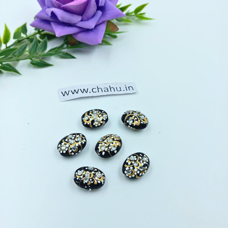 17mm Oval Shape Black Meenakari Kundan Tumble Beads - 25 Pieces