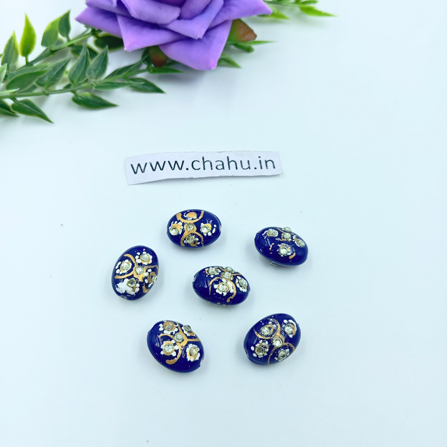 17mm Oval Shape Nevi Blue Meenakari Kundan Tumble Beads - 25 Pieces