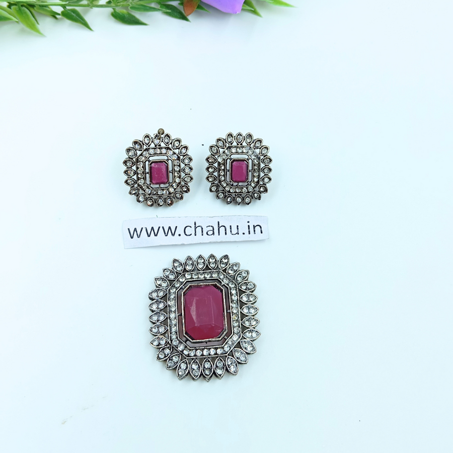 Rani Pink Square Type Pendent With Earrings