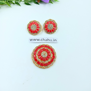 Red Round Pendent With Earrings