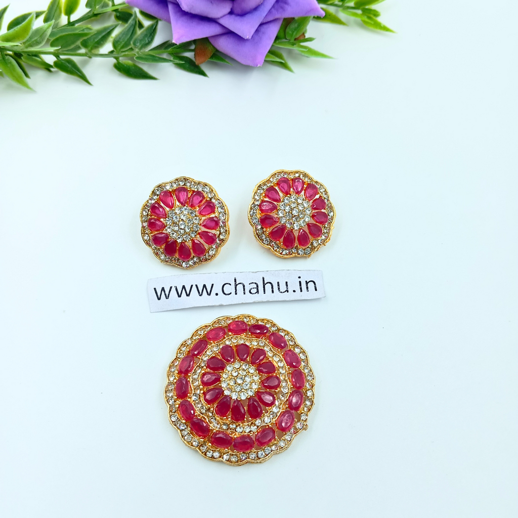 Rani Pink Round Pendent With Earrings